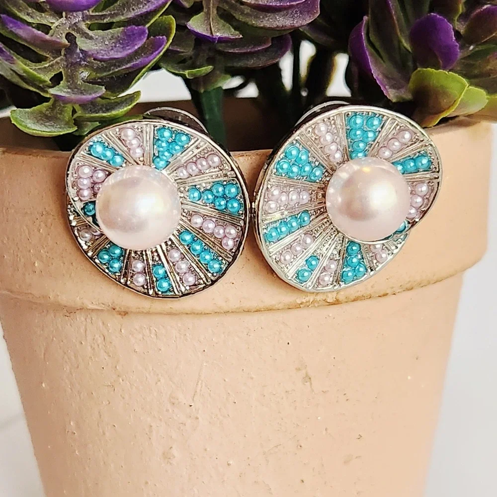 Silver Tone Pink Faux Pearl Teal Beaded Swirl‎ Statement Stud Earrings 1 Inch
